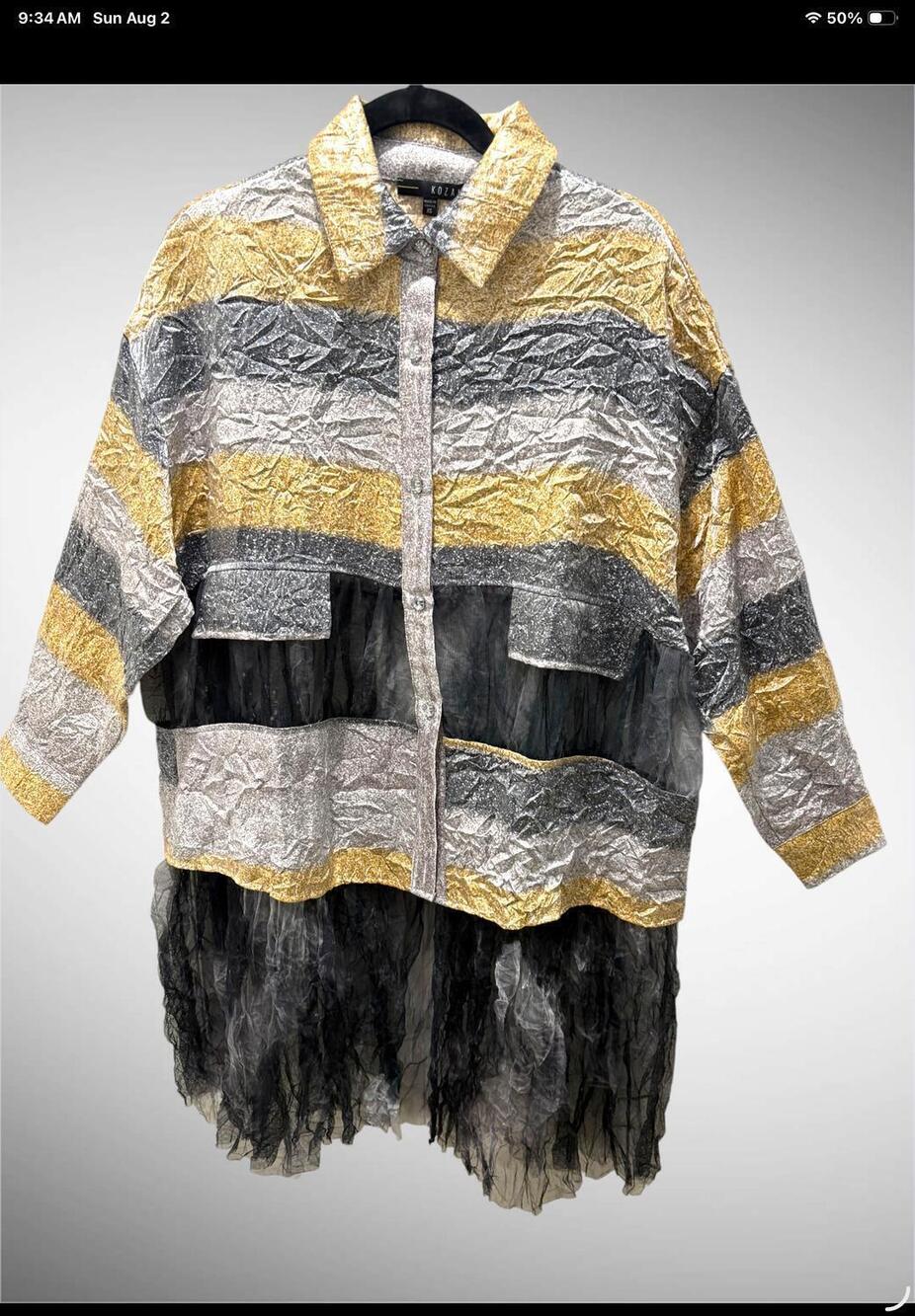 NEW KOZAN women's zuma blouse with mesh bottom in multi; black, gold, silver
